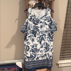 Floral Cold Shoulder Dress - Blue and White